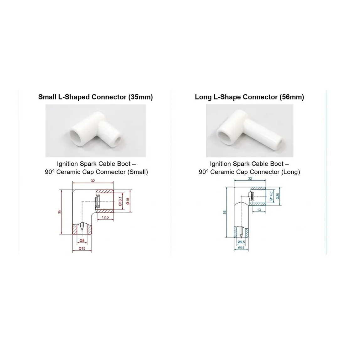 Ignition Spark Cable Boot &mdash; 90 degree ceramic cap connector supplied by R.K. Instruments & Controls, small and long L-shaped variants with dimension diagram