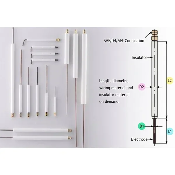 Custom Ignition Electrode &mdash; Ignitor, Flame Rod & Sensor Probe by R.K. Instruments & Controls, with dimension diagram (L1/L2 length, D1/D2 diameter, SAE/D4/M4 connection)