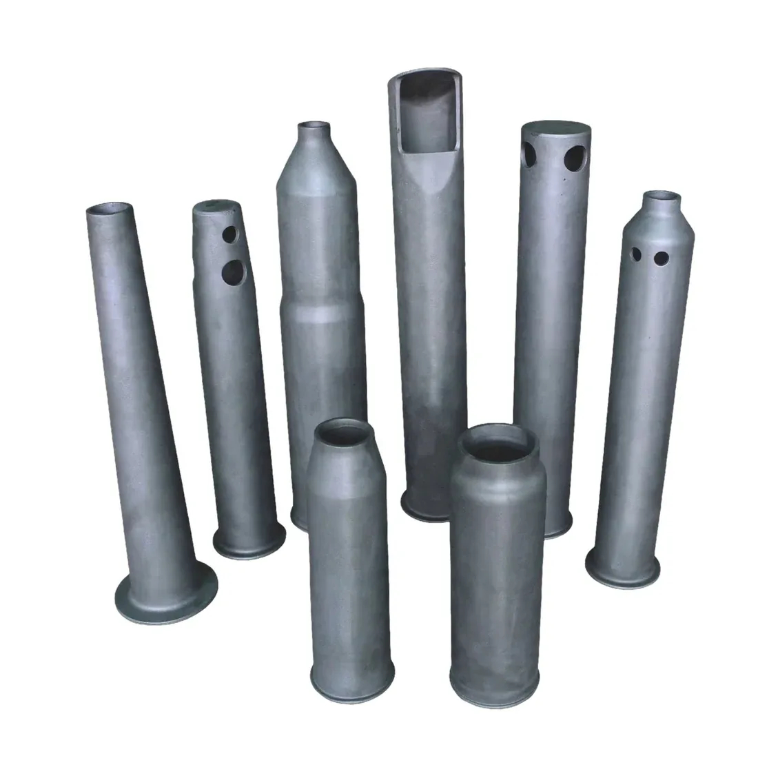 Silicon Carbide (SiC) Tubes — assorted custom shapes (straight, tapered, flanged, multi-hole, rectangular-bore) manufactured by R.K. Instruments & Controls