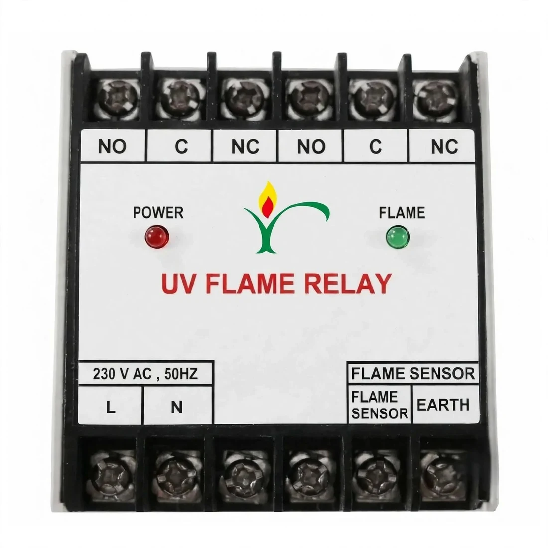 R.K. Instruments & Controls UV Flame Relay, ultraviolet flame sensor module with POWER and FLAME LED indicators, DIN-rail mount terminal unit