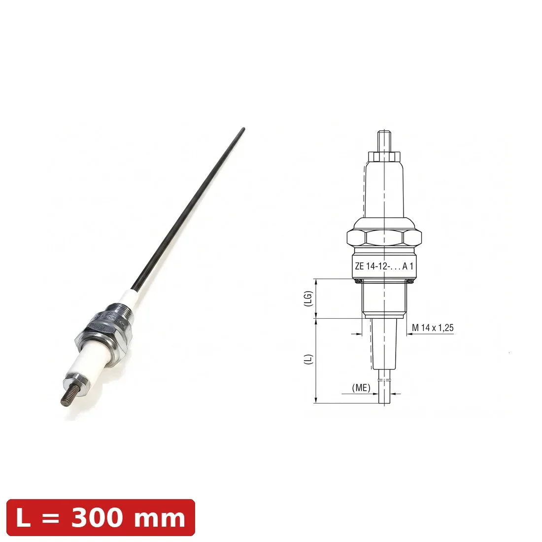 Spark Ignition Electrode Threaded ZE-14-12-300-A1 — M14x1.25, L300mm, Standard Stock by R.K. Instruments & Controls, with dimension diagram (LG thread length, L overall length, M14x1.25 thread)