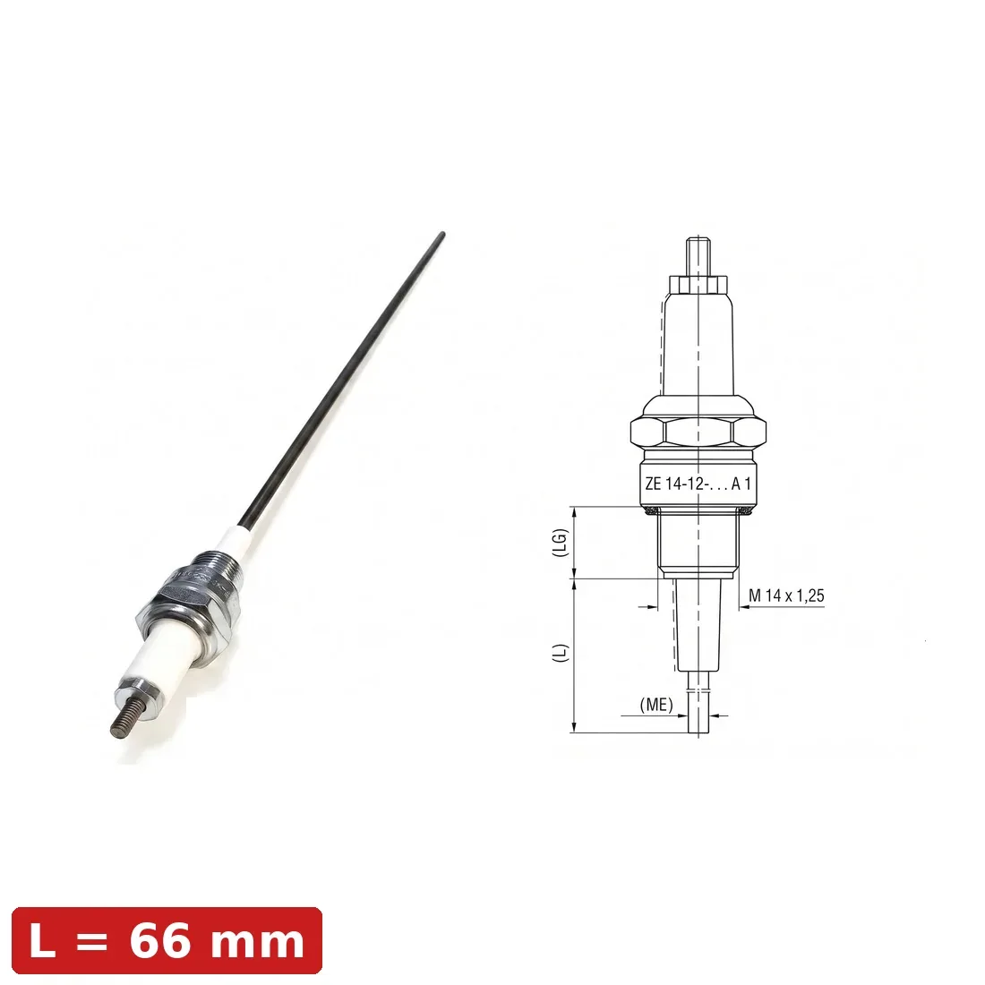 Spark Ignition Electrode Threaded ZE-14-12-66-A1 — M14x1.25, L66mm, Standard Stock by R.K. Instruments & Controls, with dimension diagram (LG thread length, L overall length, M14x1.25 thread)